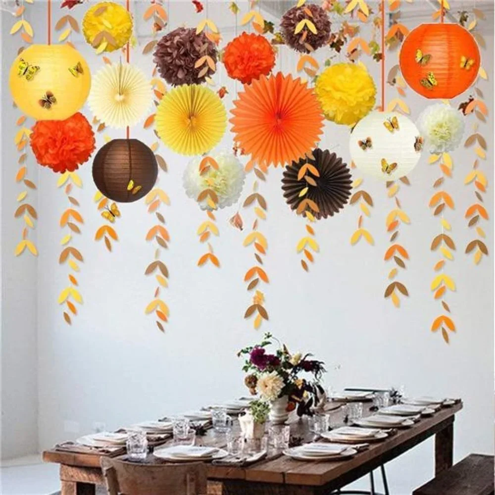 Pom Pom with 3D Butterfly Autumn Leaves Garland for Thanksgiving Party Supplies